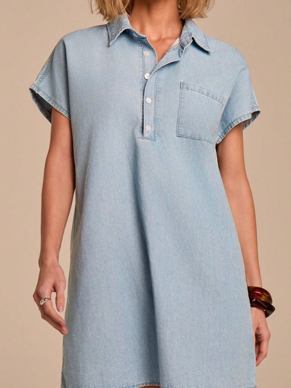 Blue Casual Women's Denim Dress with Shirt Collar and Drop Shoulder - Picture 5 of 6